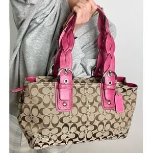 Vtg 2008 Coach Signature Canvas Large Handbag 11863 Pink Braided Leather Handles